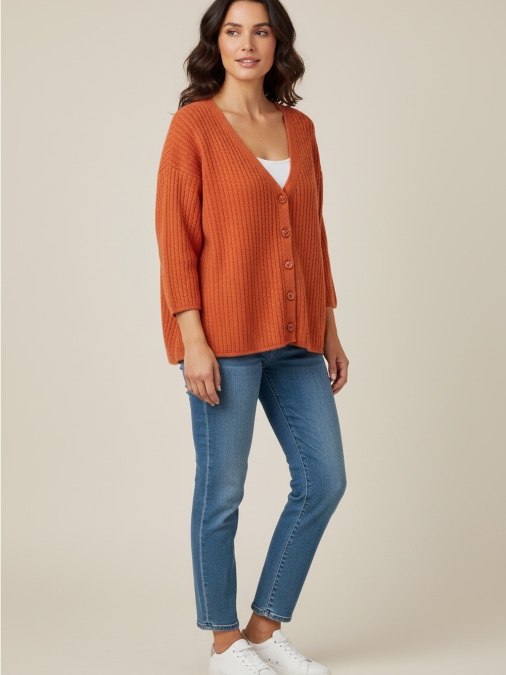 Vintage Garnet Hill Button-Front V-Neck Cable Knit Cardigan - Rust Orange
